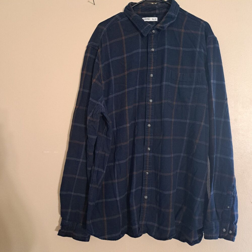 SONOMA Flannel Shirt Men's 3XLT Shirt Blue Plaid Button Up Cotton Long Sleeve